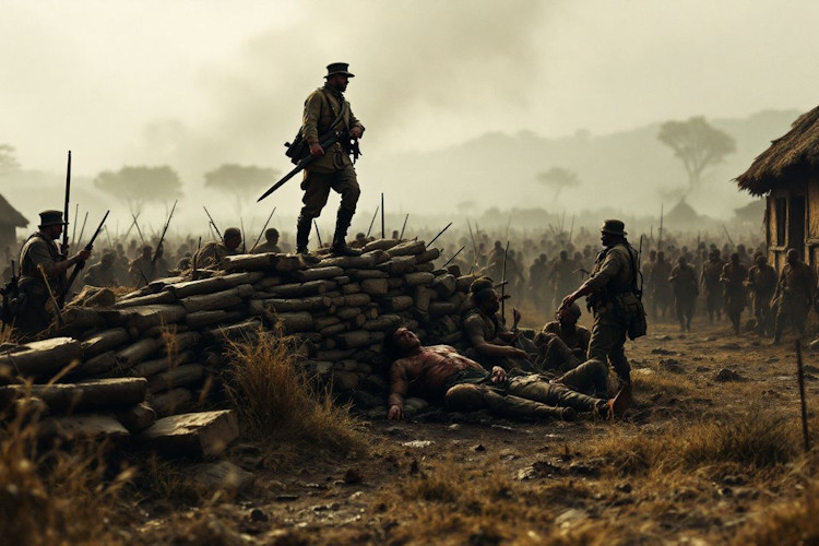 rorkes-drift-natal-4.jpg A dramatic representation of the Battle of Rorke's Drift unfolding with British and Zulu forces.