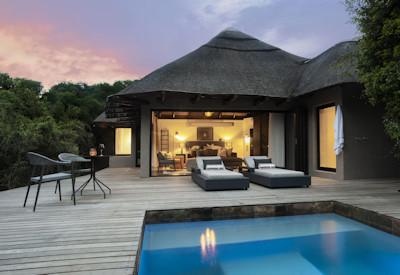 Outdoor deck with double story guest area